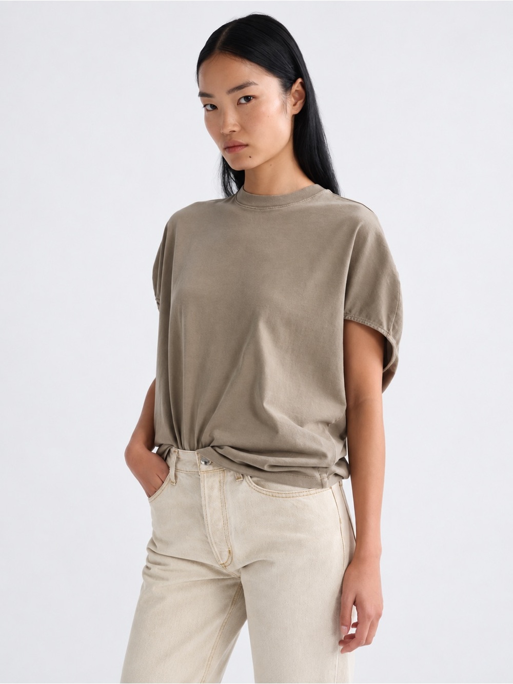 AGOLDE Souline T-Shirt Trail Washed Tan Sculpted Sleeve Size S NWT